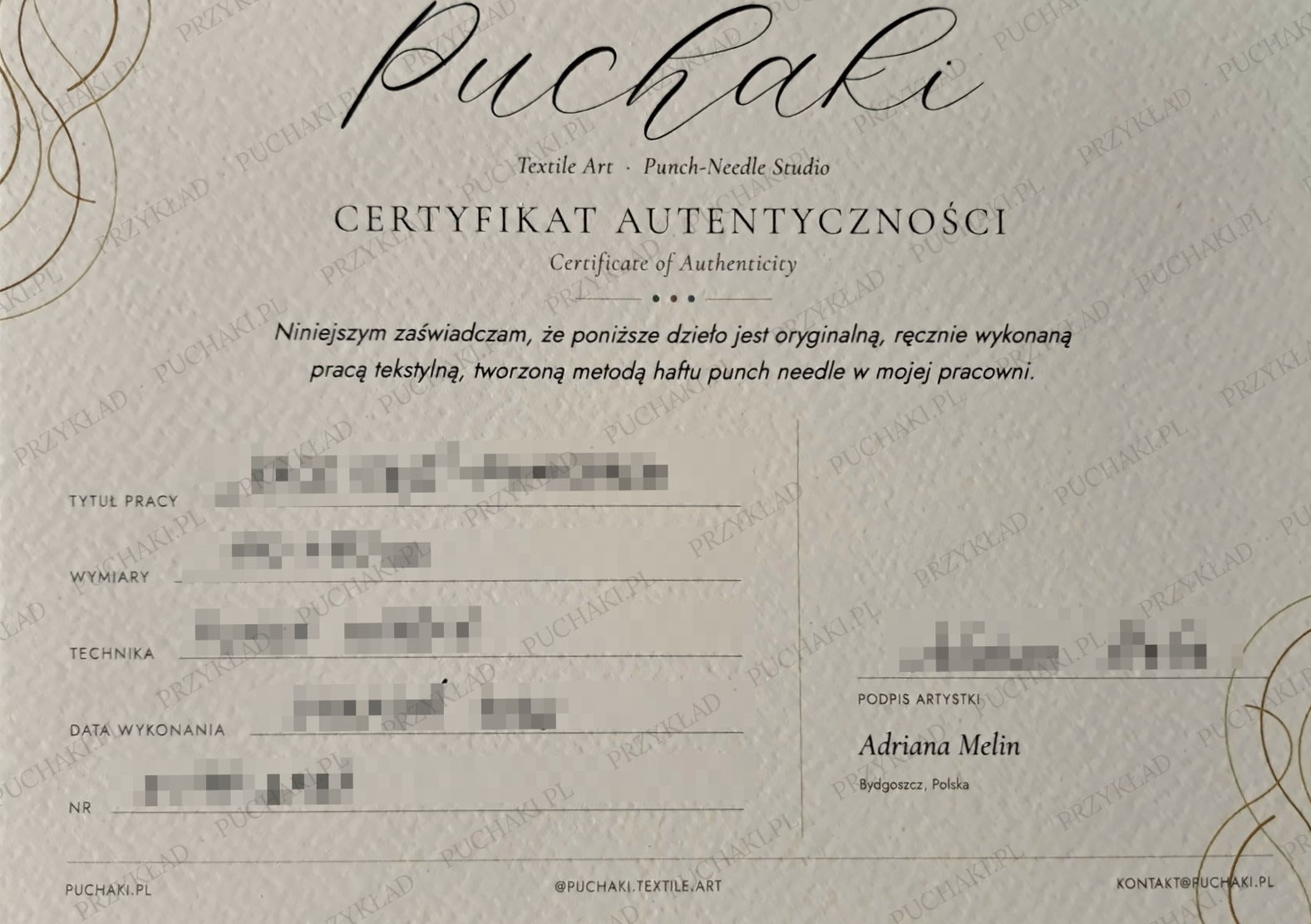 Certyfikat autentyczności Puchaki